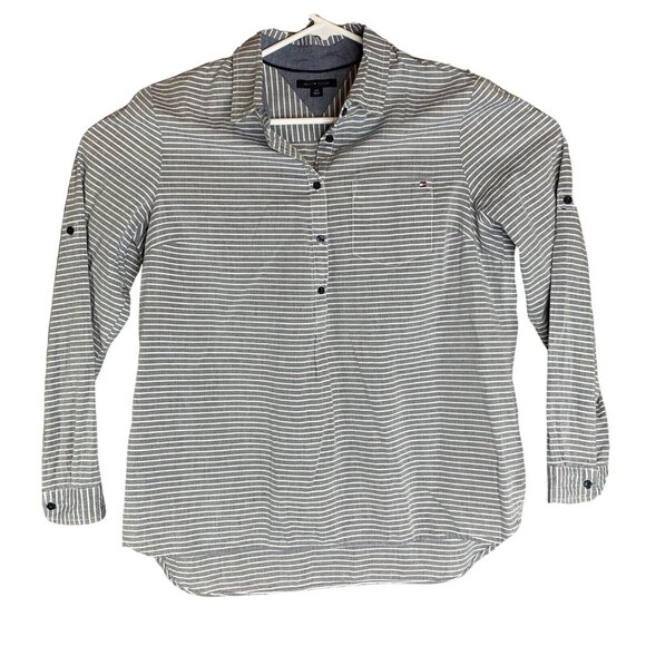 Tommy Hilfiger Gray & White Striped  3/4 Button Up Long Sleeve Button-Up Blouse - Picture 1 of 8